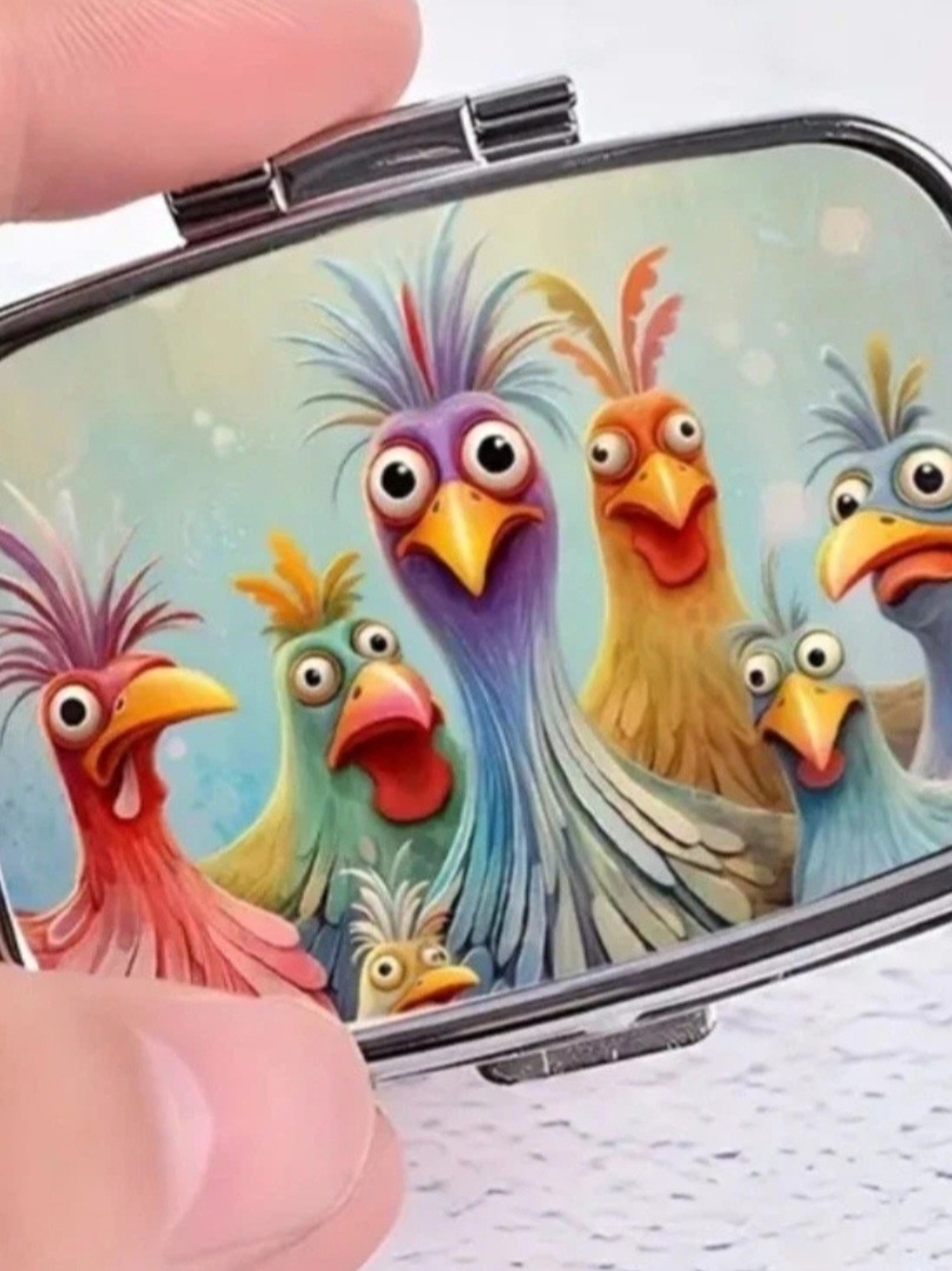 Whimsical Colorful Cartoon Chickens Personal Pill Box W/2 Compartments & Mirror.